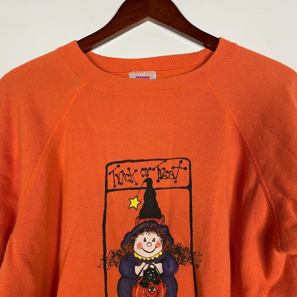Vtg Halloween Witch Cat Trick or Treat Sweater L‎ Hanes Her Way Sweatshirt 90s - Picture 2 of 10